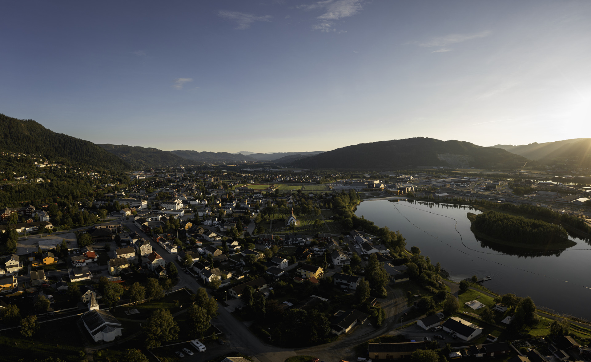 Orkanger, Mid-Norway — aerial view at golden hour